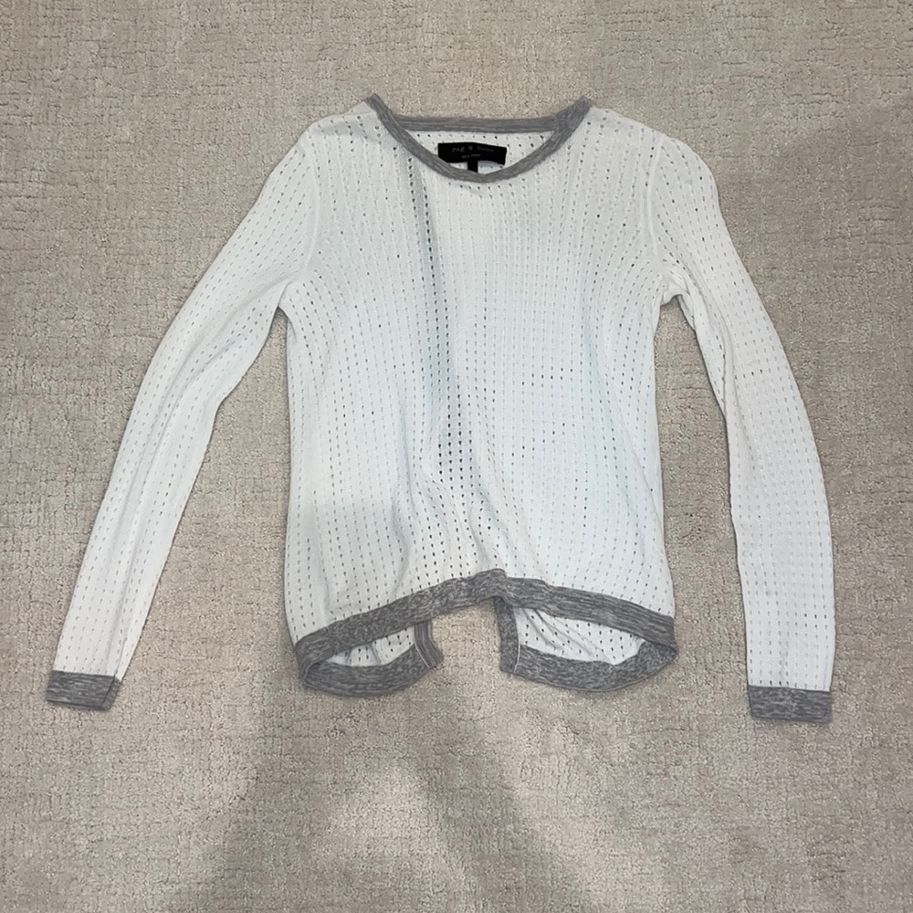 Rag & bone preferorated white sweater top with open back and gray trim size XXS